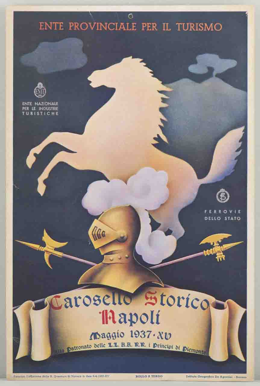 cartiglio sormontato da elmo e alabarde sullo sfondo di un cavallo rampante e del Vesuvio (locandina) - ambito italiano (sec. XX)