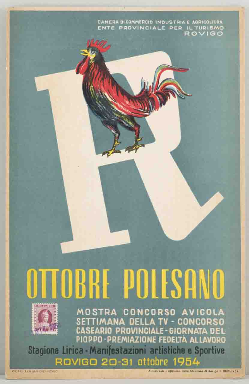 gallo appollaiato su una grande lettera R (locandina) - ambito veneto (sec. XX)