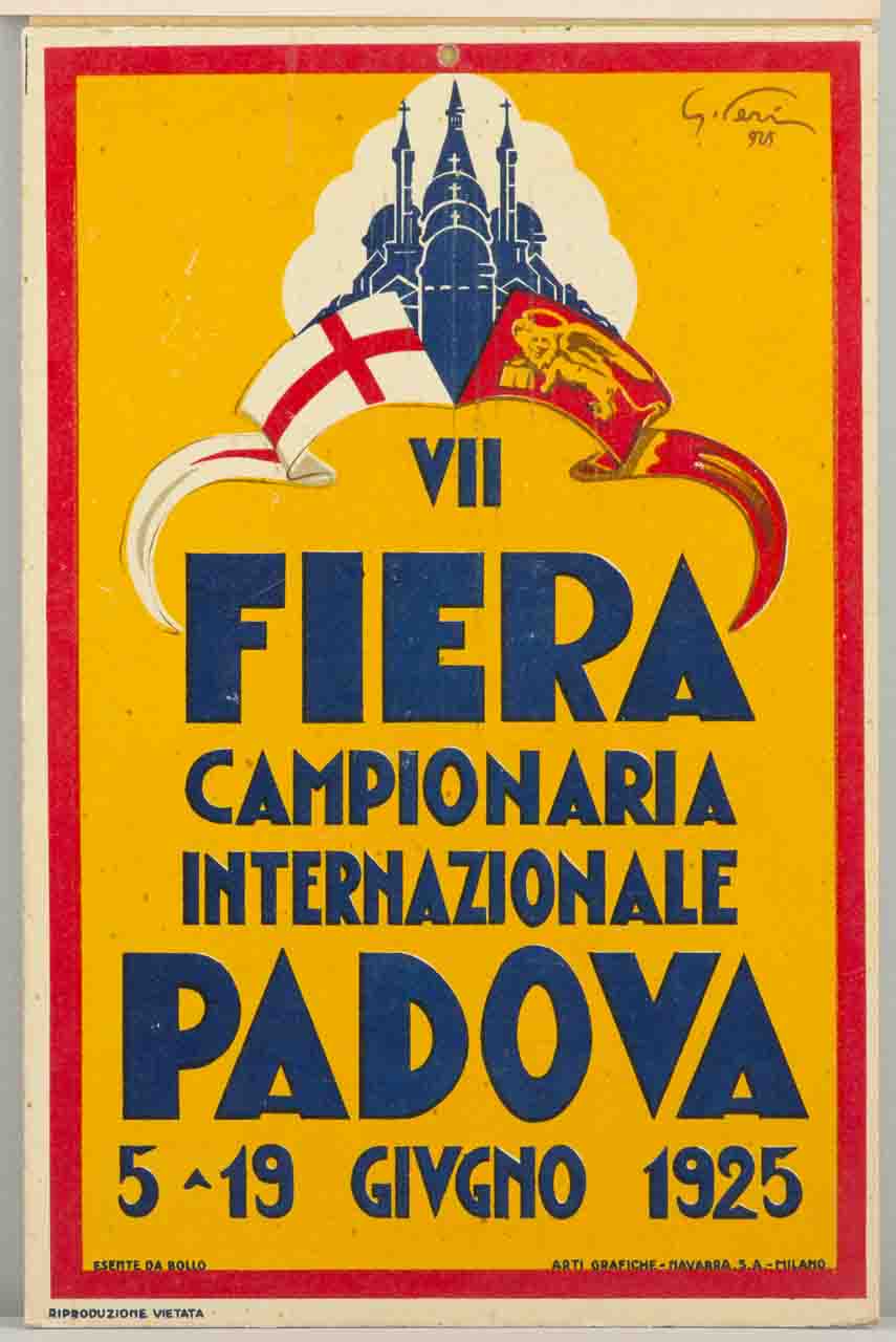 gonfaloni di Padova e Venezia sullo sfondo della basilica di Sant'Antonio di Padova (locandina) di Perissinotto Giorgio detto Peri (sec. XX)
