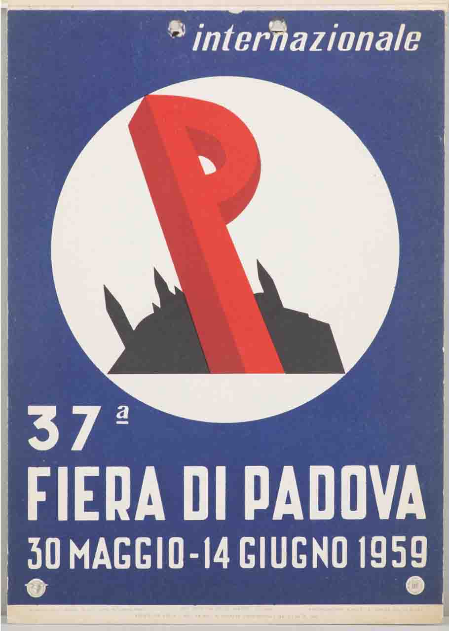 lettera P sullo sfondo della silhouette della basilica di Sant'Antonio di Padova inscritta in un cerchio (locandina) - ambito veneto (sec. XX)