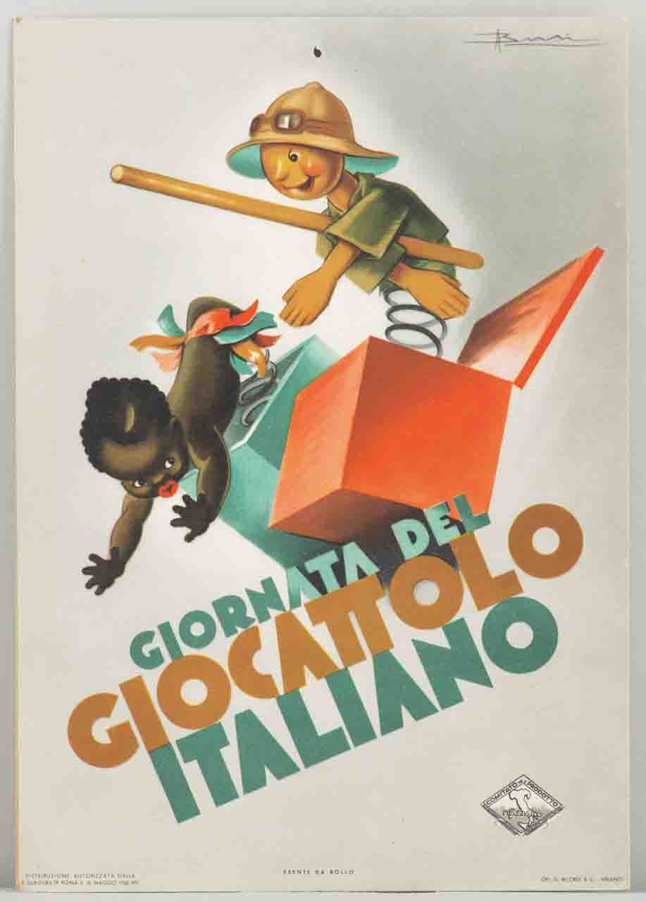 due scatole con pupazzi a molla rappresentanti un bambino bianco sorridente con bastone e un bambino di colore spaventato piegato in avanti (locandina) di Busi Adolfo (sec. XX)