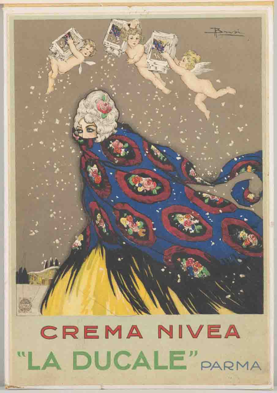 donna coperta da ampio scialle spruzzata di crema da tre putti alati sullo sfondo di un paesaggio innevato (locandina) di Busi Adolfo (sec. XX)