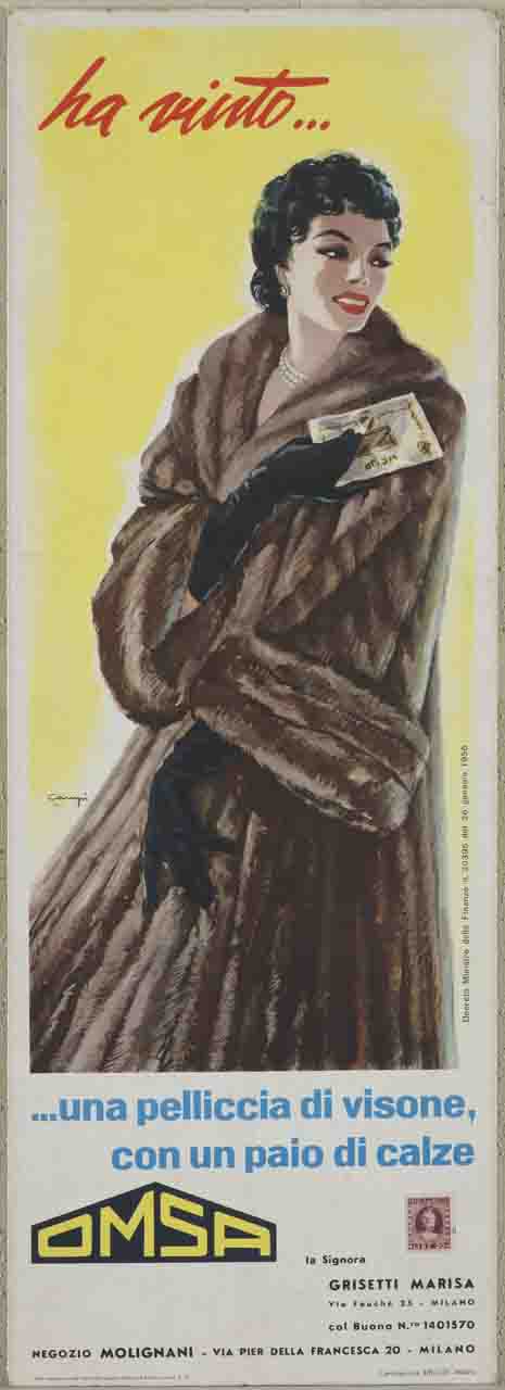 donna in pelliccia tiene in mano una cartolina OMSA (locandina) di Campi Serafino (sec. XX)