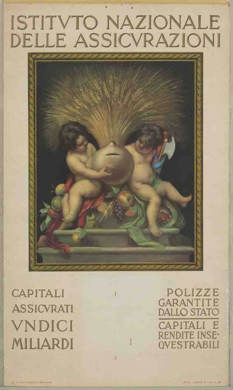 due putti siedono su un piedistallo tenendo un salvadanaio tra frutta e grano (calendario) di Alberti Achille (prima metà sec. XX)