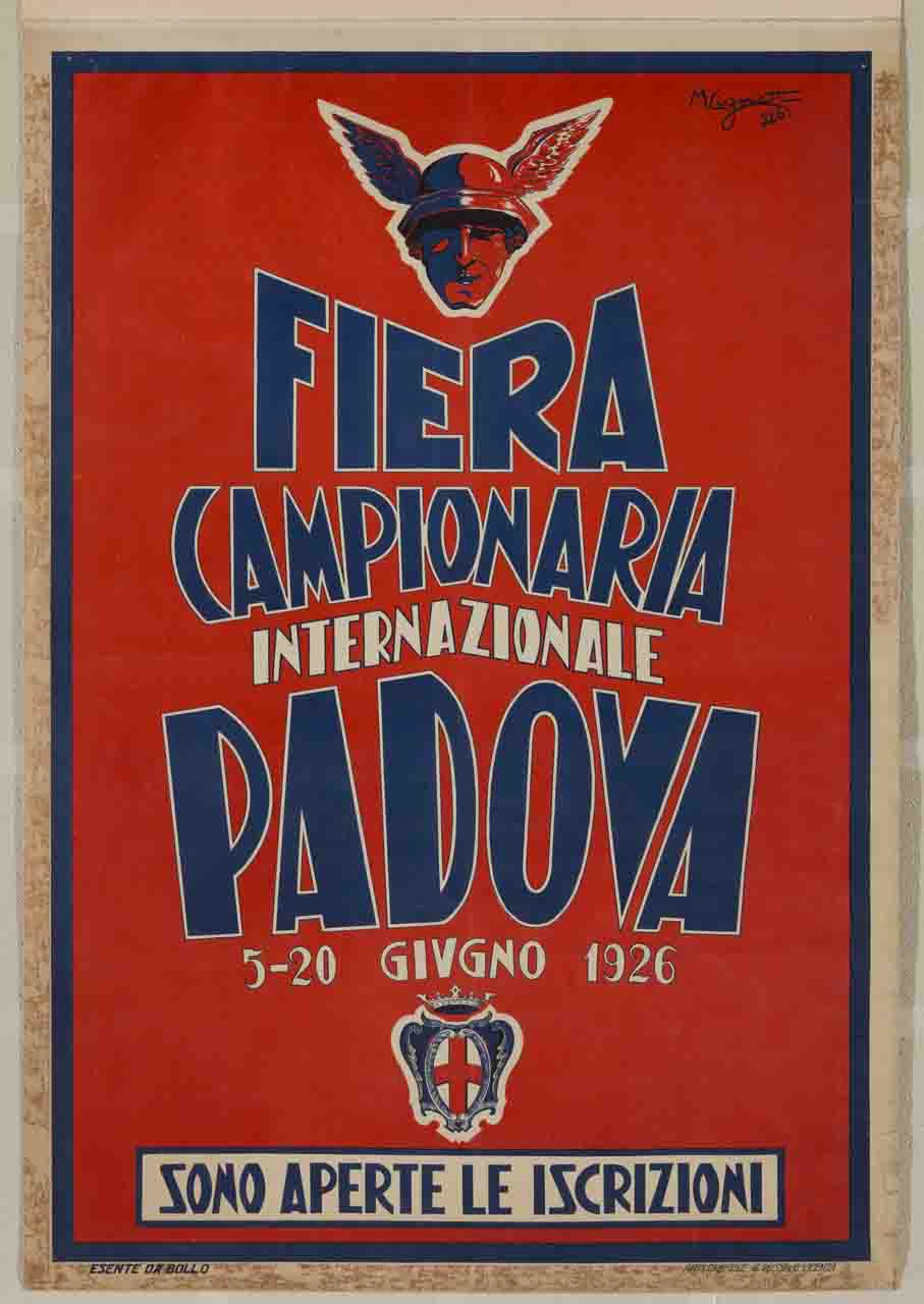 testa maschile con elmo alato e scritte su fondo rosso (manifesto) di Cignetti Michelangelo (sec. XX)