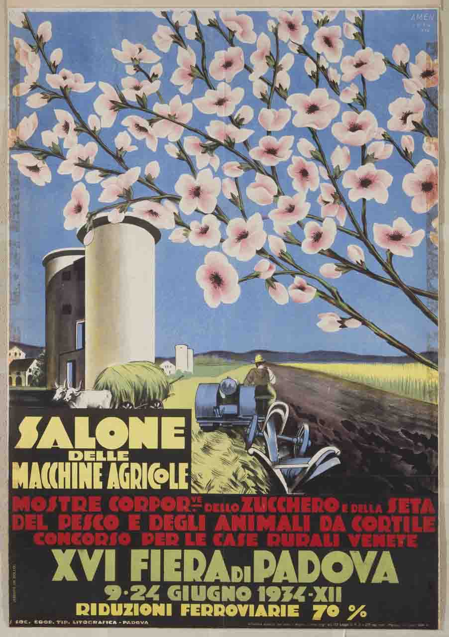 contadino ara i campi in un paesaggio rurale con rami di pesco (manifesto) di Menegazzo Antonio detto Amen (sec. XX)