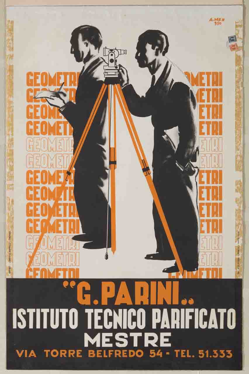 due figure maschili con un tacheometro (manifesto) di Menegazzo Antonio detto Amen (sec. XX)