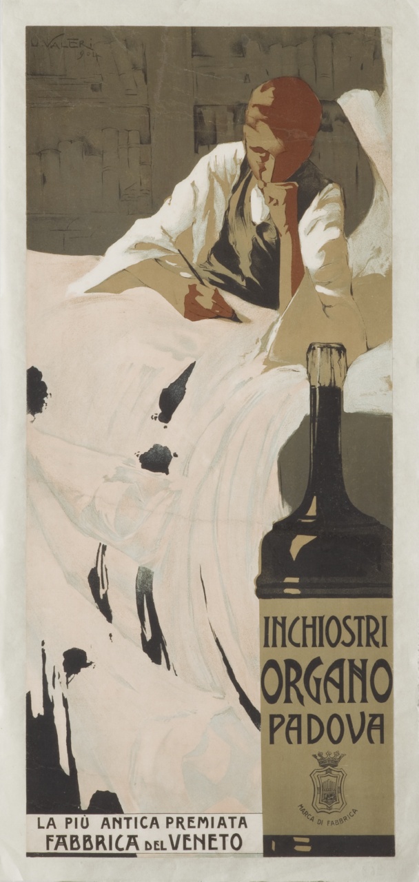 uomo scrive con una libreria sullo sfondo e una bottiglia di inchiostro in primo piano (manifesto) di Valeri Ugo (secc. XX)