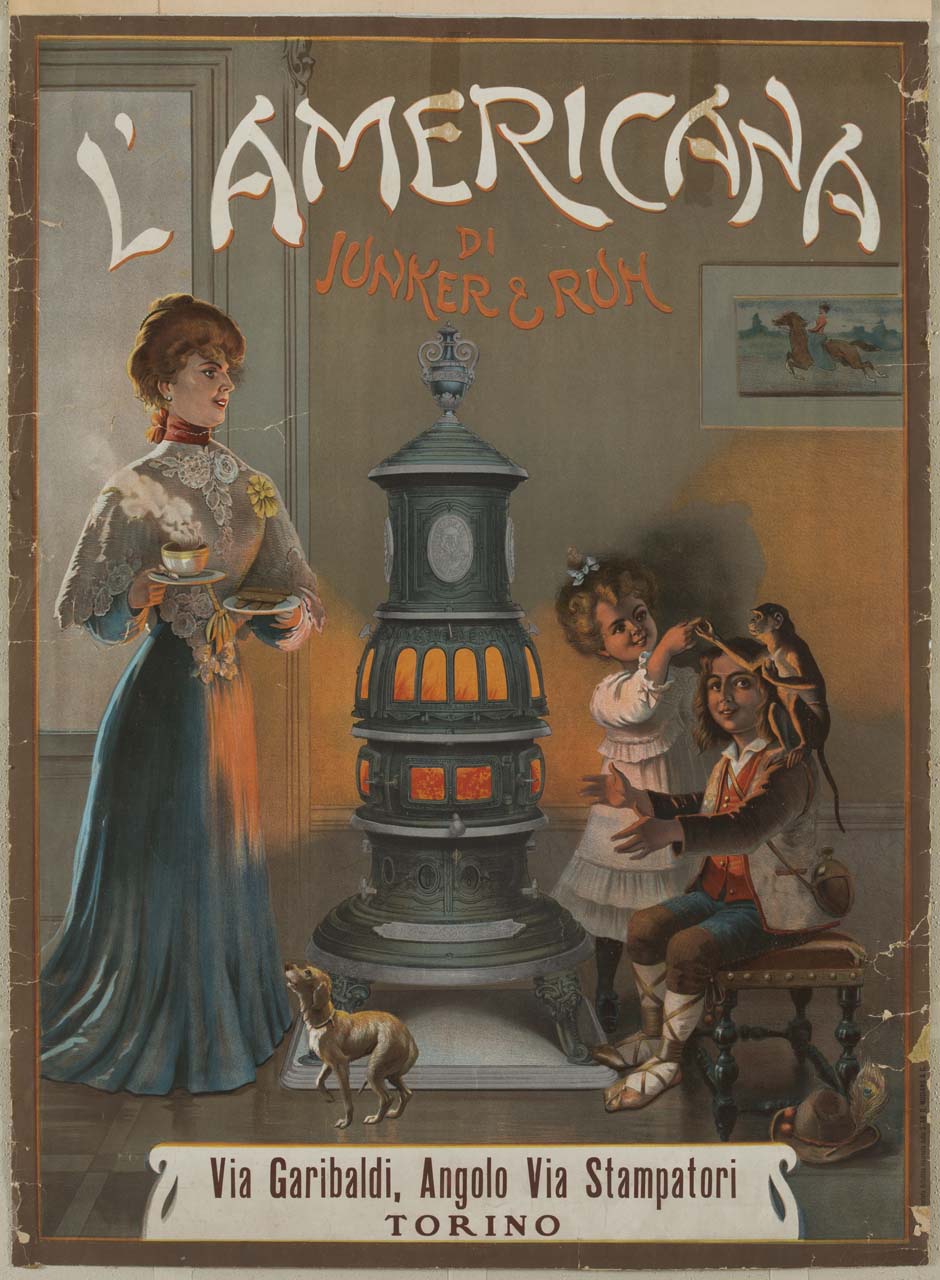donna porta biscotti e una bibita calda a due bambini vicino a una stufa accesa (manifesto) - ambito italiano (prima metà sec. XX)