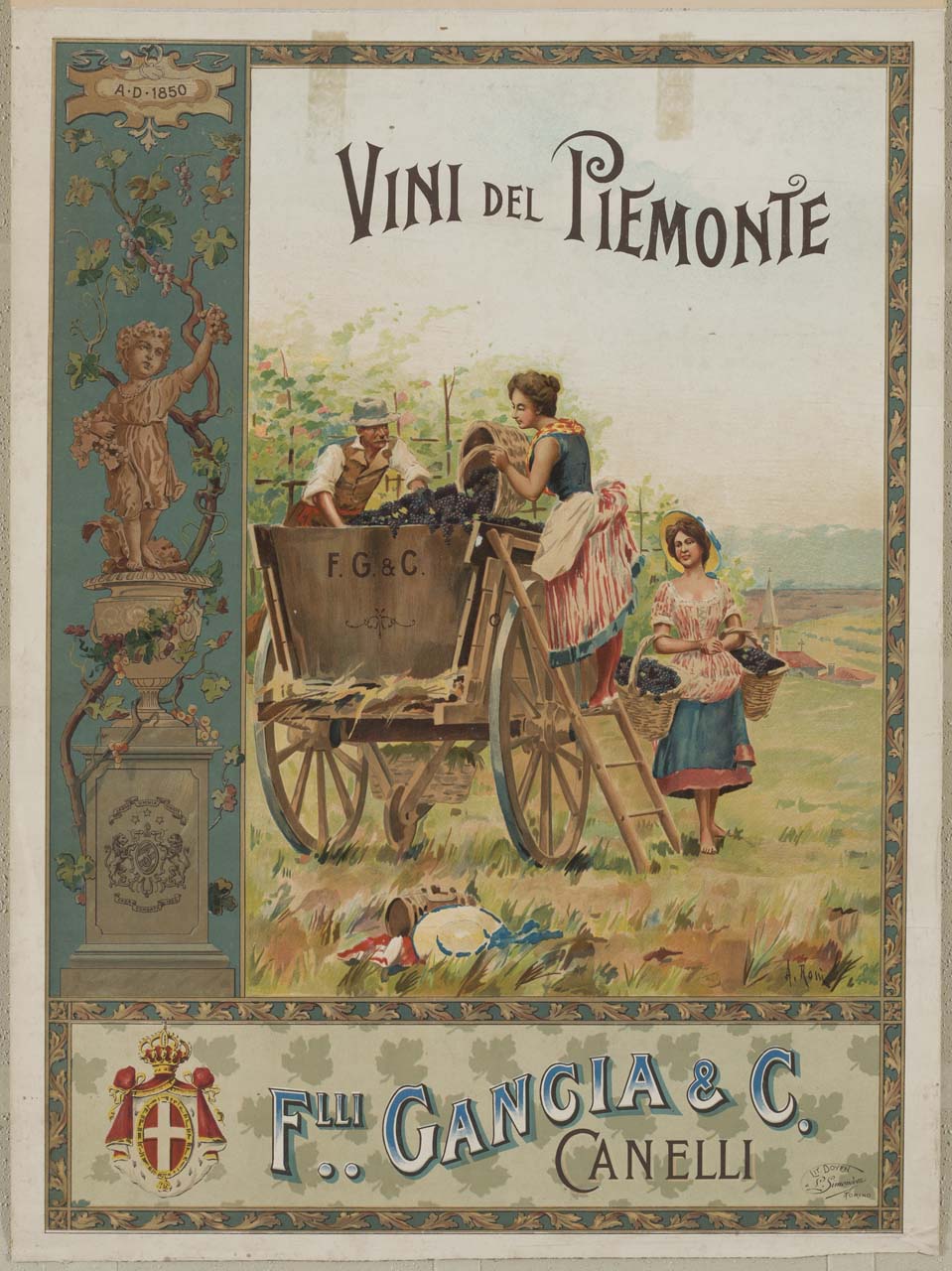 due donne e un uomo scaricano l'uva appena raccolta su un carro (locandina) di Rossi Alberto (primo quarto sec. XX)