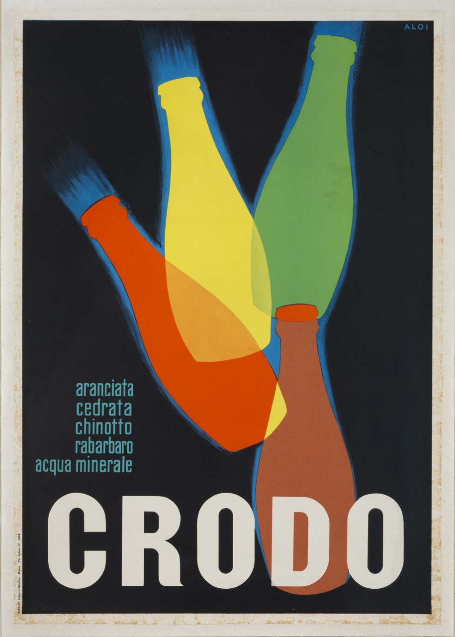 quattro bottiglie colorate su fondo nero (manifesto) di Aloi Roberto (sec. XX)