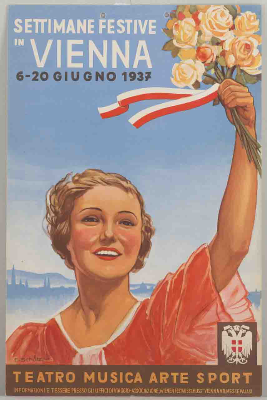 donna a mezzobusto alza al cielo un mazzo di rose sullo sfondo della città di Vienna (locandina) di Schütz Erich (sec. XX)