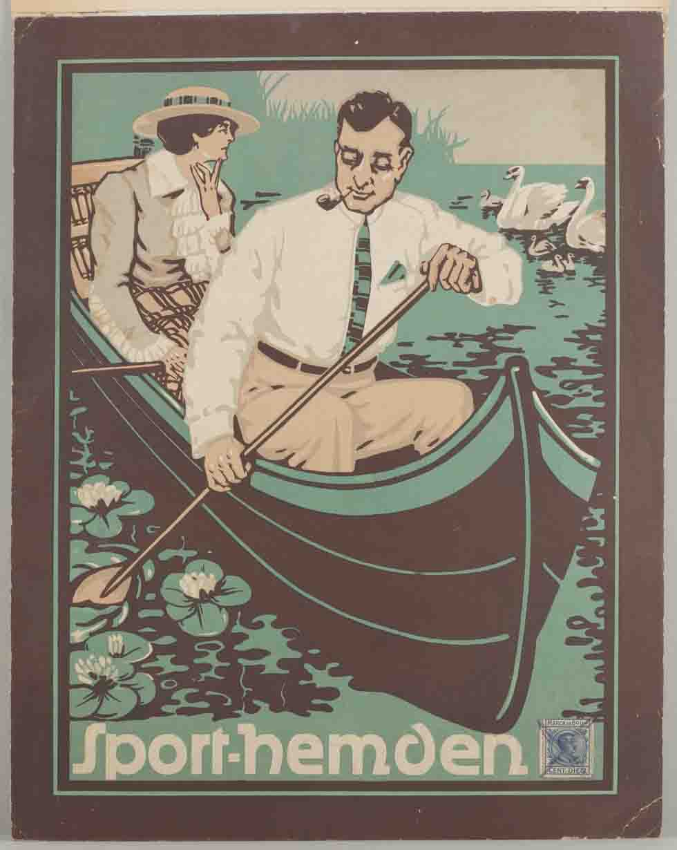 uomo con pipa e donna con cappello remano in barca in uno stagno con ninfee e cigni (locandina) - ambito europeo (sec. XX)