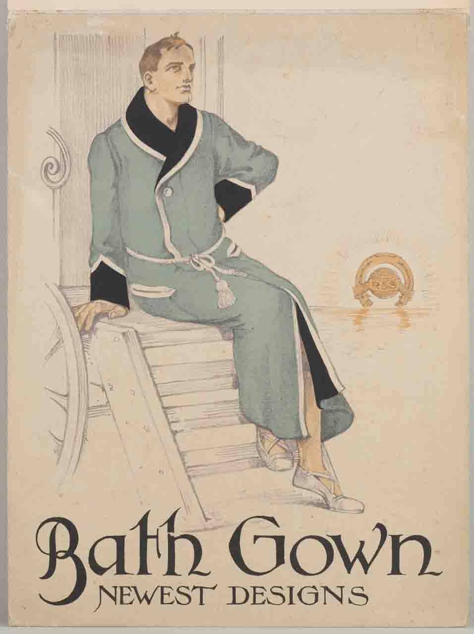 uomo in accappatoio seduto sulla scaletta di una bathing machine davanti al mare al tramonto (locandina) - ambito inglese (sec. XX)