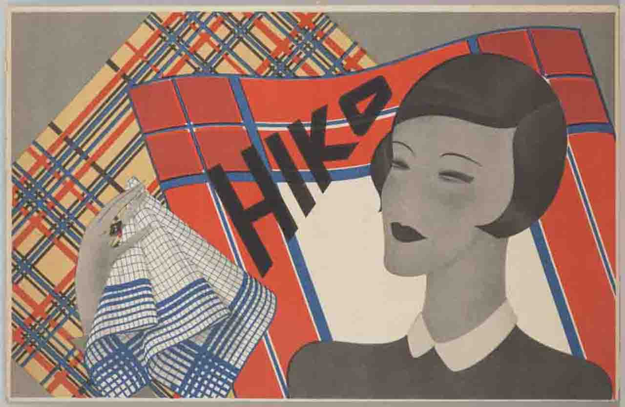 donna a mezzobusto osserva un fazzoletto sullo sfondo di altri due fazzoletti (locandina) - ambito europeo (sec. XX)