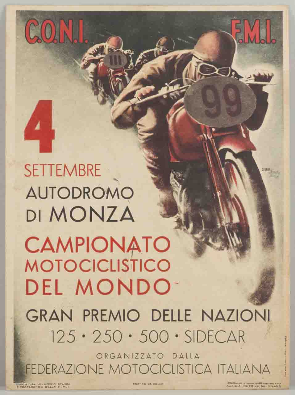 tre motociclisti in gara (locandina) di Soresina Mario (sec. XX)
