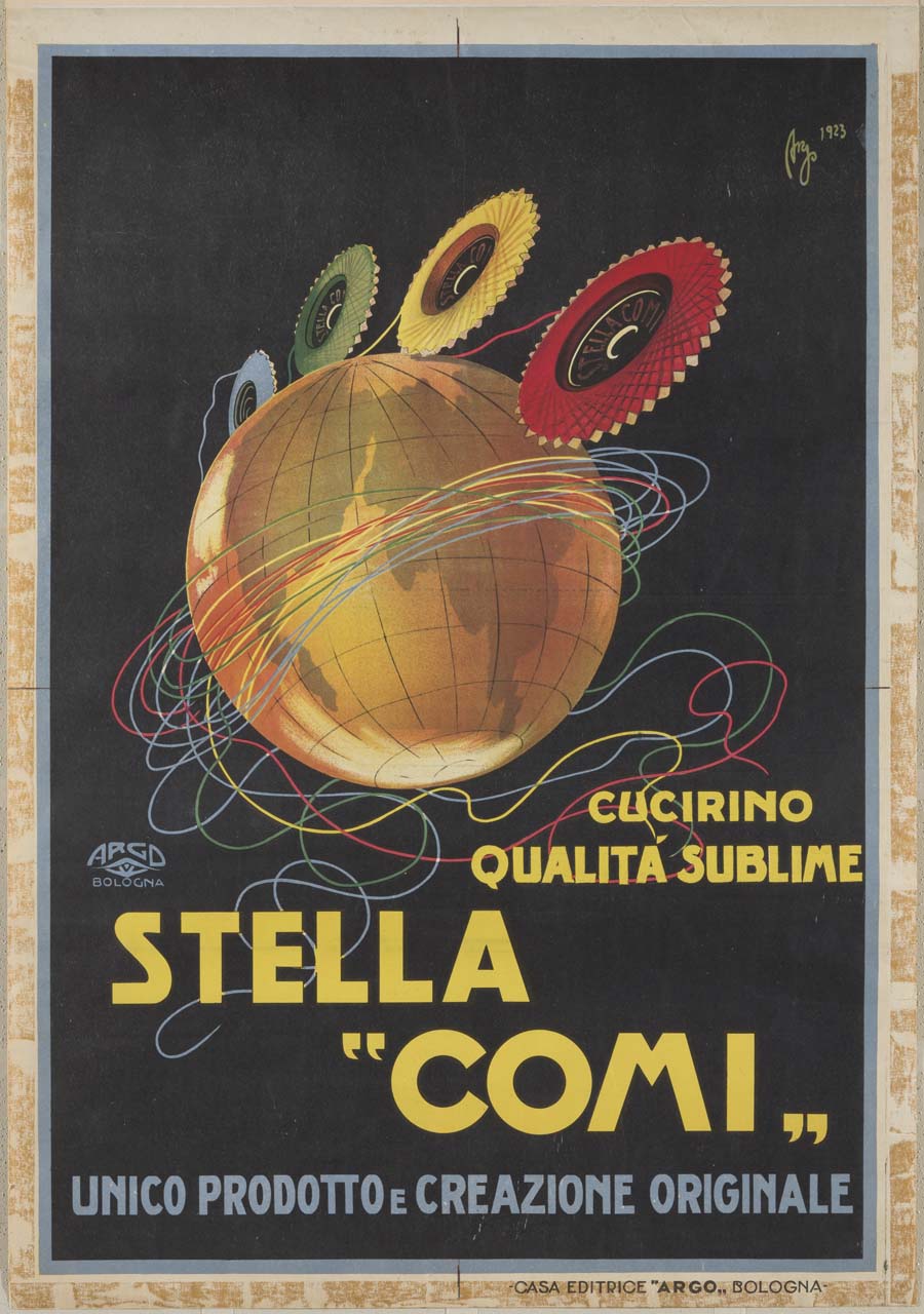 mappamondo sovrastato da cucirini e circondato da fili da cucito (manifesto) di Argo - Creazione Marche di Pubblicità (sec. XX)