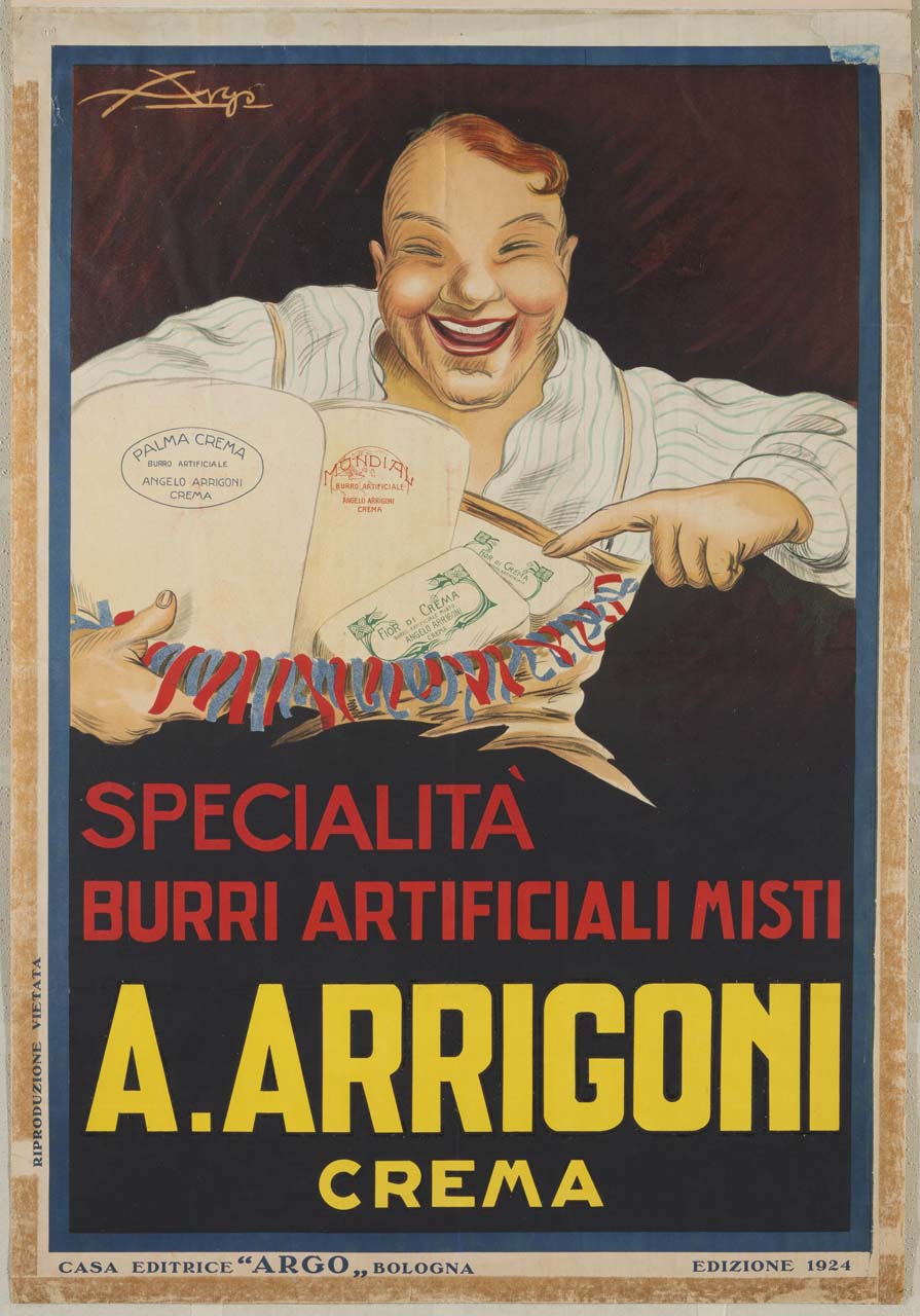 uomo sorridente indica un cesto di confezioni di burro artificiale (manifesto) di Argo - Creazione Marche di Pubblicità (sec. XX)