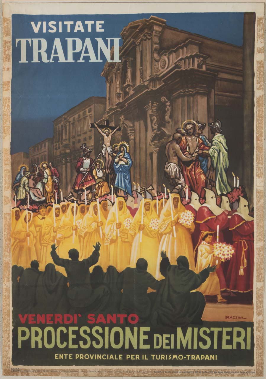processione religiosa a Trapani (manifesto) di Mazzini Ettore (terzo quarto sec. XX)