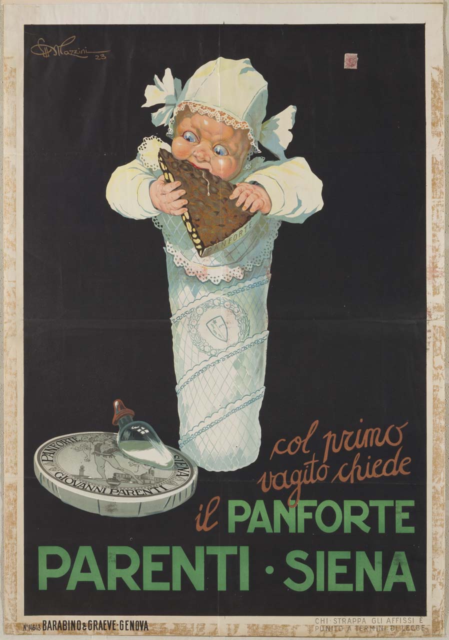 bambino in fasce morde una fetta di panforte con aria famelica (manifesto) di Mazzini Ettore (sec. XX)