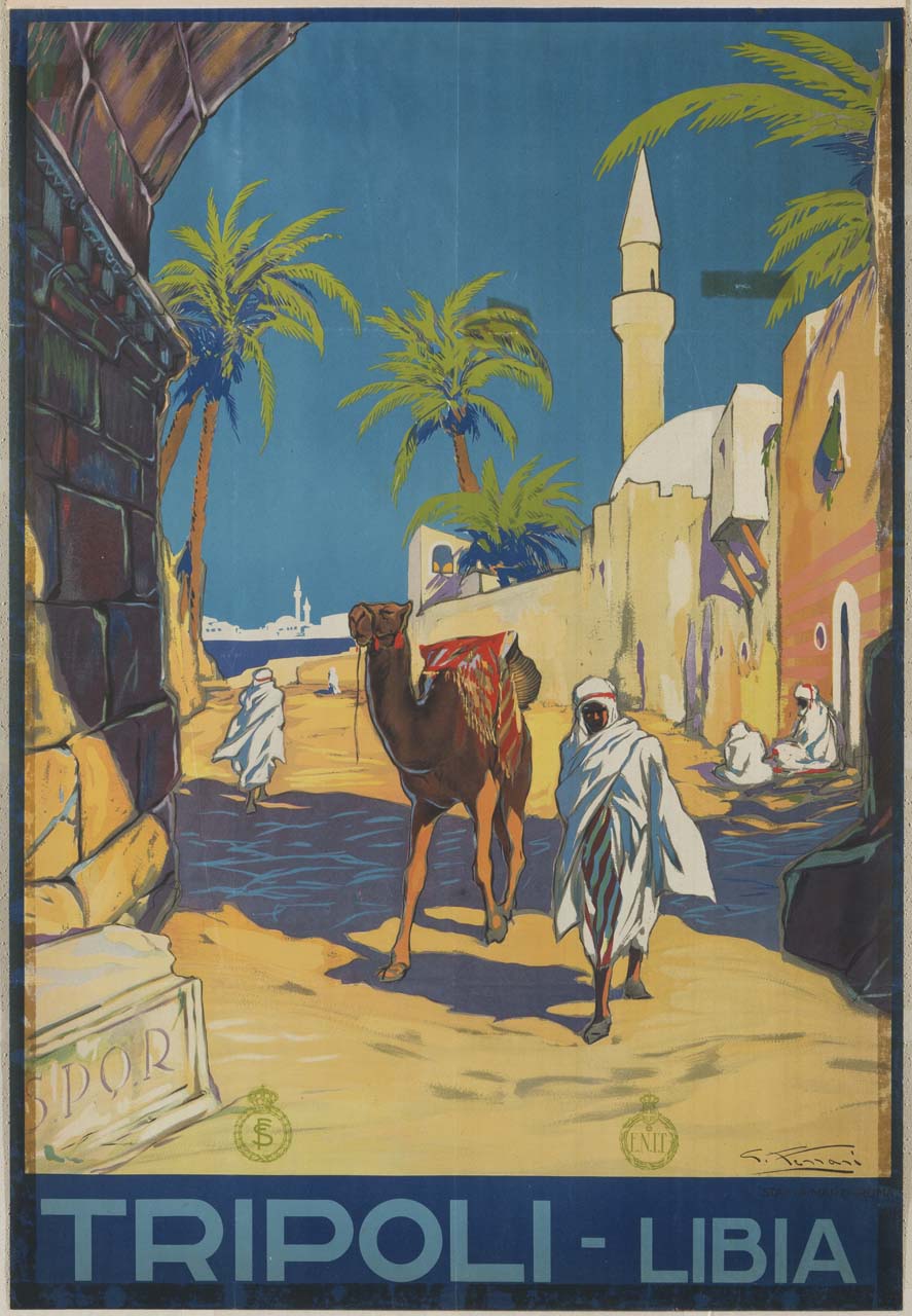 veduta di città con cammello, palme e moschea sullo sfondo (manifesto) di Ferrari Giulio (secondo quarto sec. XX)