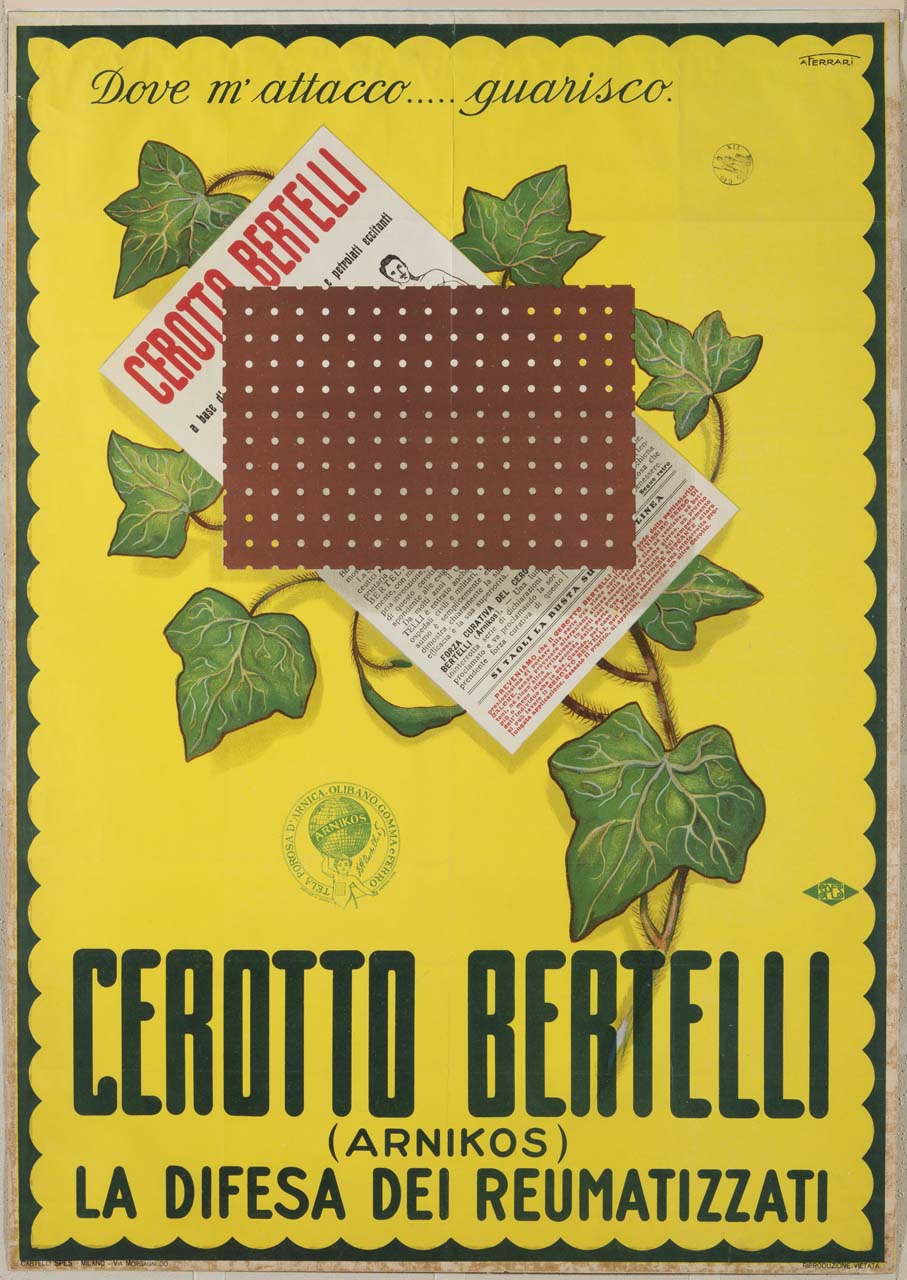 cerotto sovrapposto a foglio farmaceutico illustrativo e foglie di edera sullo sfondo (manifesto) di Ferrari Amerigo (prima metà sec. XX)