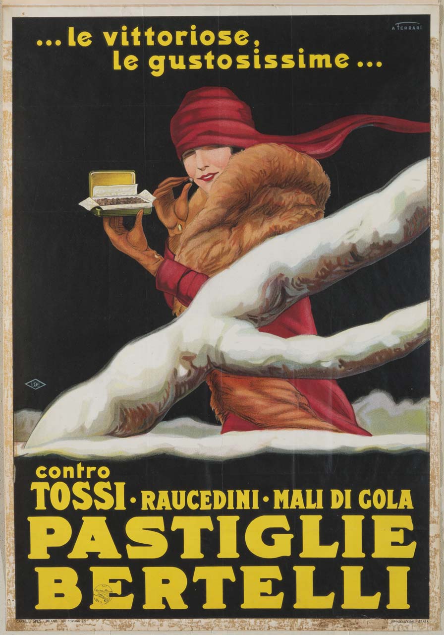 donna con cappello e collo di pelliccia tiene in mano una scatola aperta di pastiglie (manifesto) di Ferrari Amerigo (prima metà sec. XX)