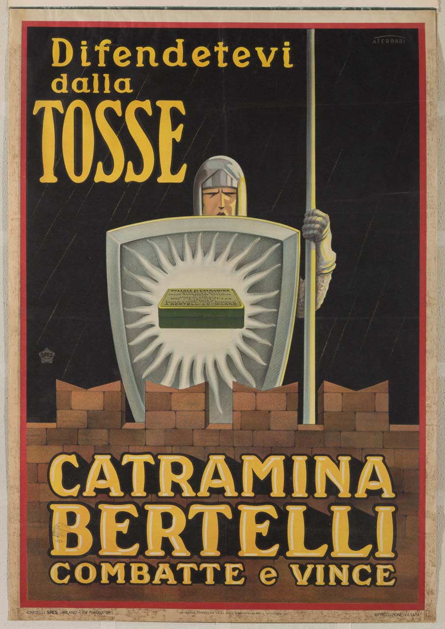 guerriero in armatura con lancia e scudo raffigurante il sole e una scatola di pastiglie (manifesto) di Ferrari Amerigo (sec. XX)