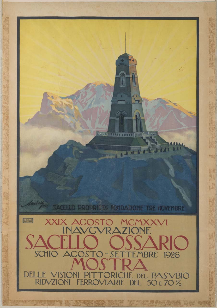 veduta di un monumento in cima a una montagna con raggi di sole sullo sfondo (manifesto) di Ortelli Alfredo (sec. XX)