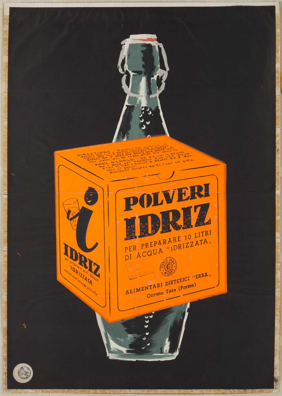 scatola arancione di Polveri Idriz davanti a una bottiglia di acqua (manifesto) - ambito lombardo (terzo quarto sec. XX)