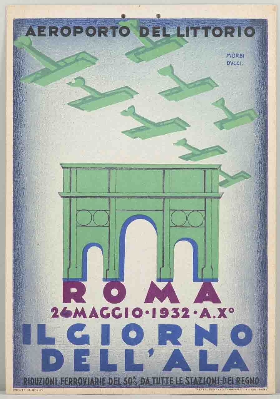 arco di Costantino a Roma sullo sfondo pattuglia acrobatica di otto aerei in volo in formazione (locandina) di Morbiducci Publio (sec. XX)