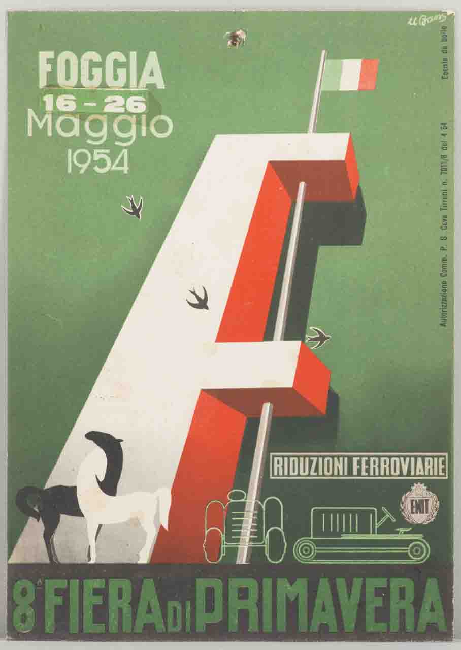 lettera F con tricolore rondini in volo coppia di cavalli e macchine agricole (locandina) di Bassi U (sec. XX)