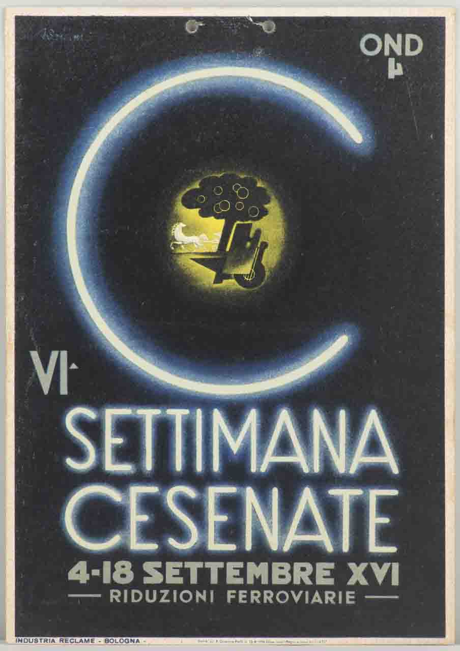 lettera C illuminata e disco centrale con tavolozza mandola incudine albero da frutto cavallo con sulky (locandina) - ambito italiano (sec. XX)