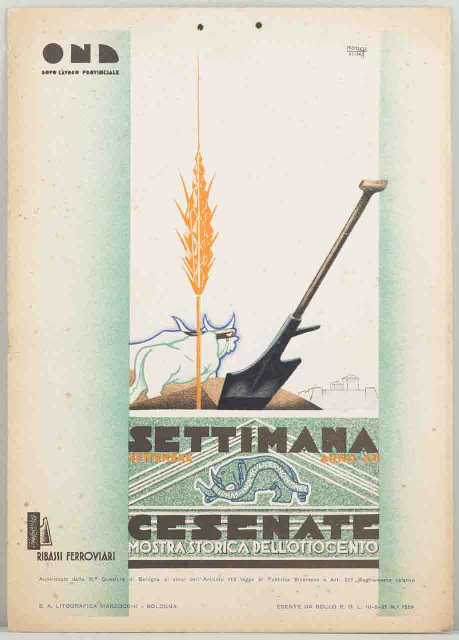 vanga spiga e coppia di buoi aggiogati sullo sfondo della Rocca Malatestiana di Cesena in basso timpano del portale della Biblioteca Malatestiana (locandina) di Morigi Mario (sec. XX)