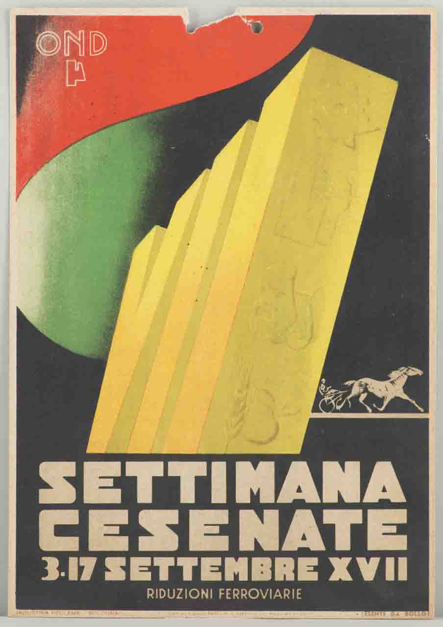 numero romano VII in prospettiva con tricolore e cavallo con sulky al trotto (locandina) - ambito emiliano-romagnolo (sec. XX)