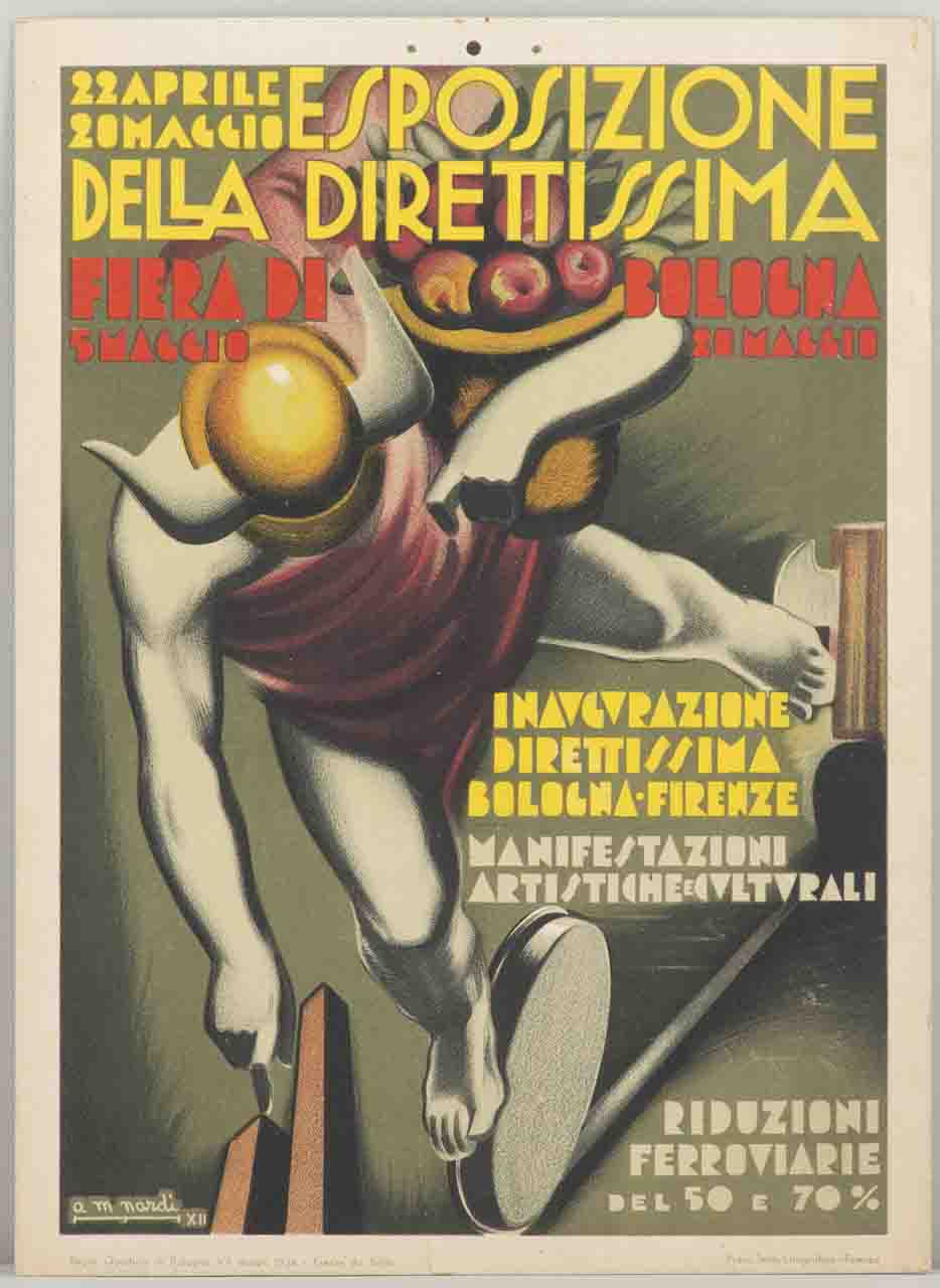 Mercurio con cornucopia in corsa su rotaia ferroviaria con i piedi su ruota e fascio littorio (locandina) di Nardi Antonio Maria (sec. XX)