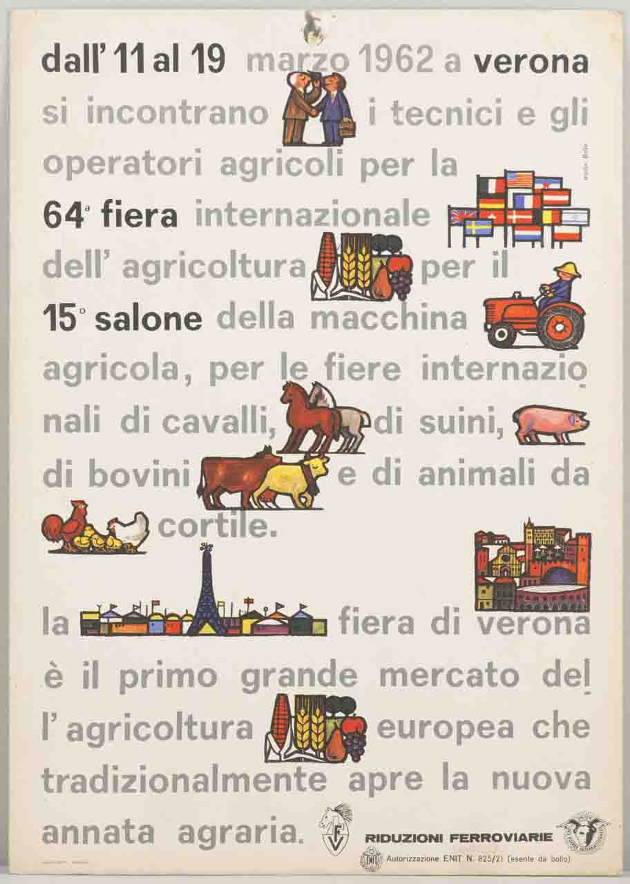 coppia di tecnici agricoltore prodotti agricoli animali da allevamento veduta della città e della Fiera di Verona (locandina) di Bolla Gino (sec. XX)