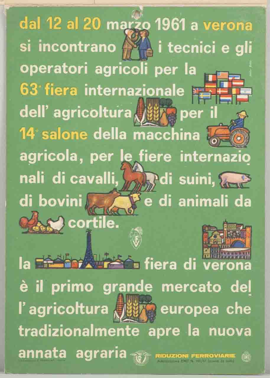 coppia di tecnici agricoltore prodotti agricoli animali da allevamento veduta della città e della Fiera di Verona (locandina) di Bolla Gino (sec. XX)