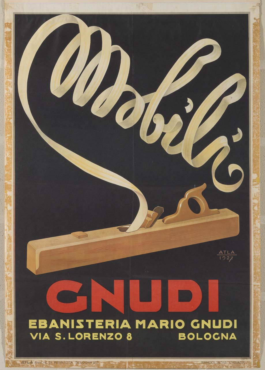pialla e truciolo in volute che formano la scritta Mobili (manifesto) di ATLA - Pubblicità - Bologna (sec. XX)