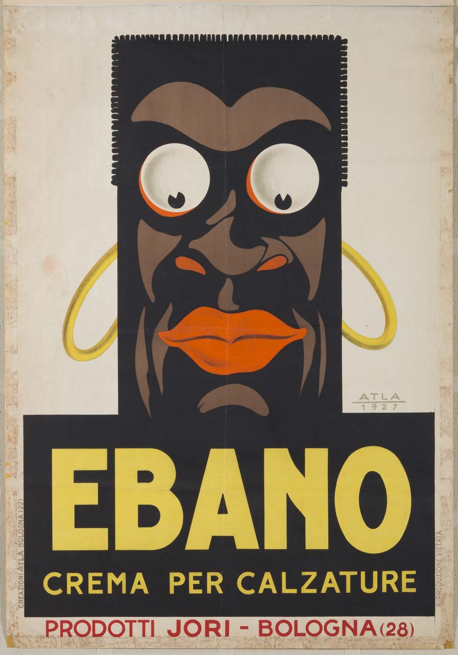 statuetta caricaturale in ebano con anelli alle orecchie (manifesto) di ATLA - Pubblicità - Bologna (sec. XX)