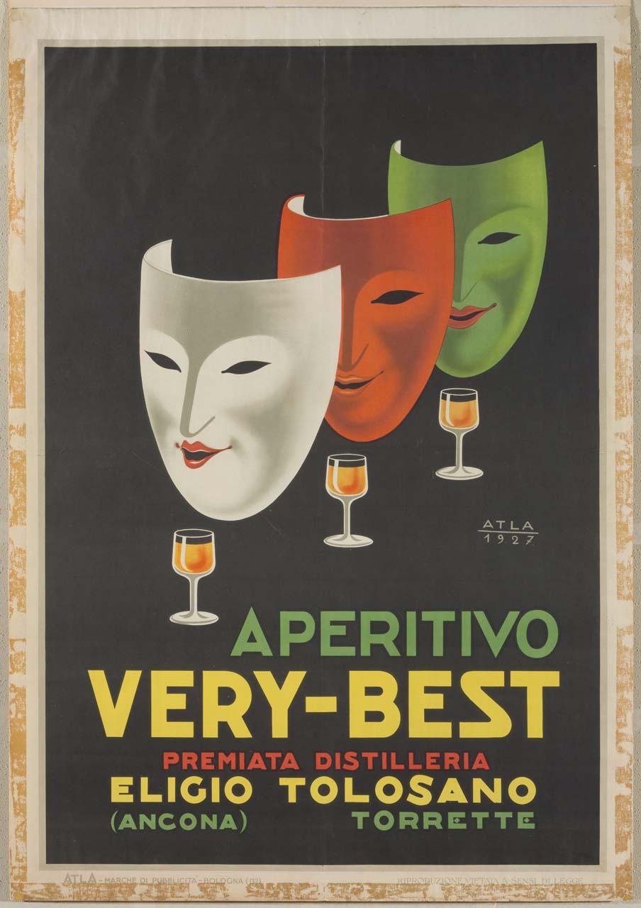 tre maschere e tre bicchierini colmi (manifesto) di ATLA - Pubblicità - Bologna (sec. XX)