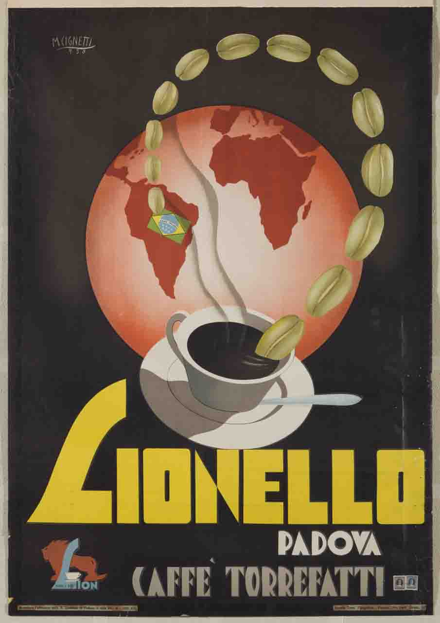 mappamondo con sequenza di chicchi di caffè che dalla bandiera del Brasile portano ad una tazzina da caffè fumante (manifesto) di Cignetti Michelangelo (sec. XX)