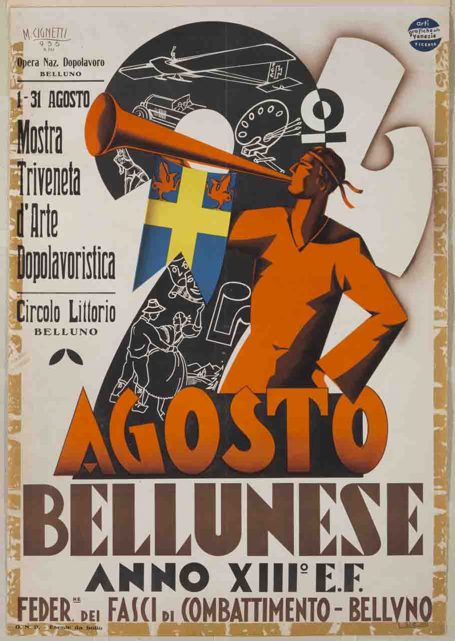 uomo con tromba e gonfalone di Belluno avvisa una manifestazione d'arte littoria (manifesto) di Cignetti Michelangelo (sec. XX)