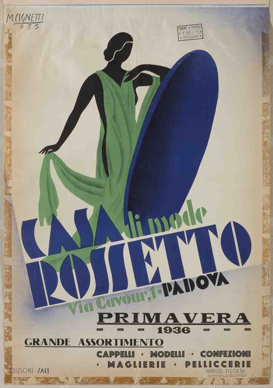 silhouette nera di donna con abito verde davanti a uno specchio (manifesto) di Cignetti Michelangelo (sec. XX)