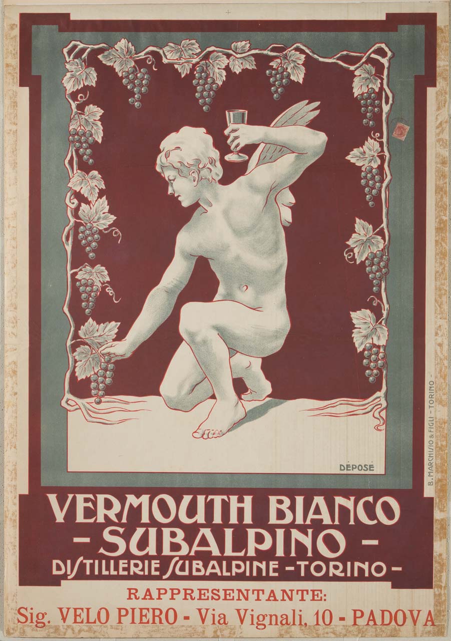 uomo alato nudo tiene in mano un bicchiere di vino e coglie un grappolo d'uva (manifesto) - ambito torinese (sec. XX)