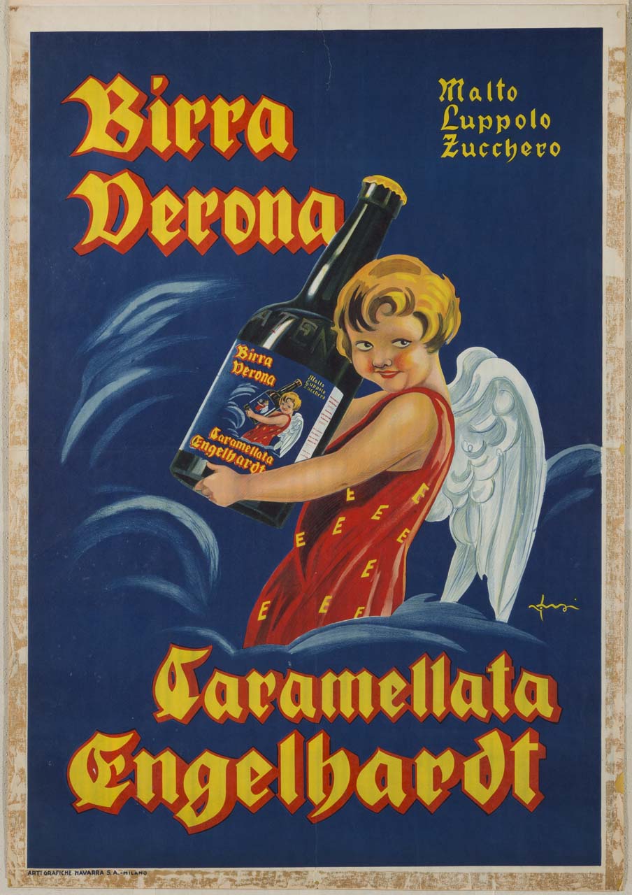 un angelo spunta tra le nuvole e tiene in braccio una grande bottiglia di birra (manifesto) di Orsi Italo (sec. XX)