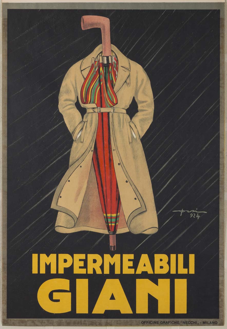 un ombrello chiuso indossa un impermeabile nella pioggia (manifesto) di Orsi Italo (sec. XX)