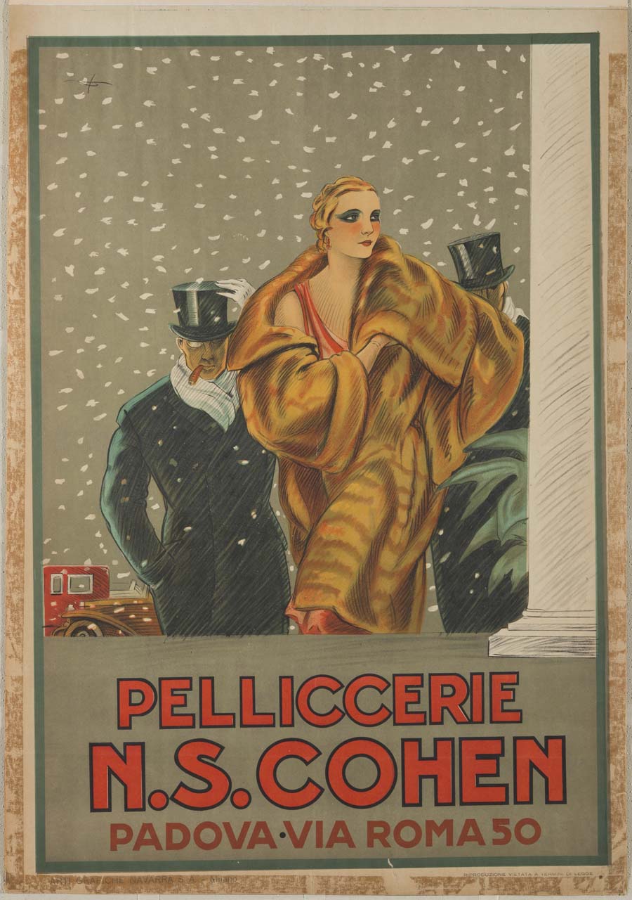 donna in pelliccia nella neve seguita da due uomini con tuba (manifesto) di Orsi Italo (sec. XX)