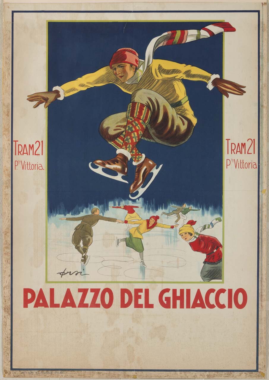 gruppo di pattinatori sul ghiaccio con acrobazia in primo piano (manifesto) di Orsi Italo (sec. XX)