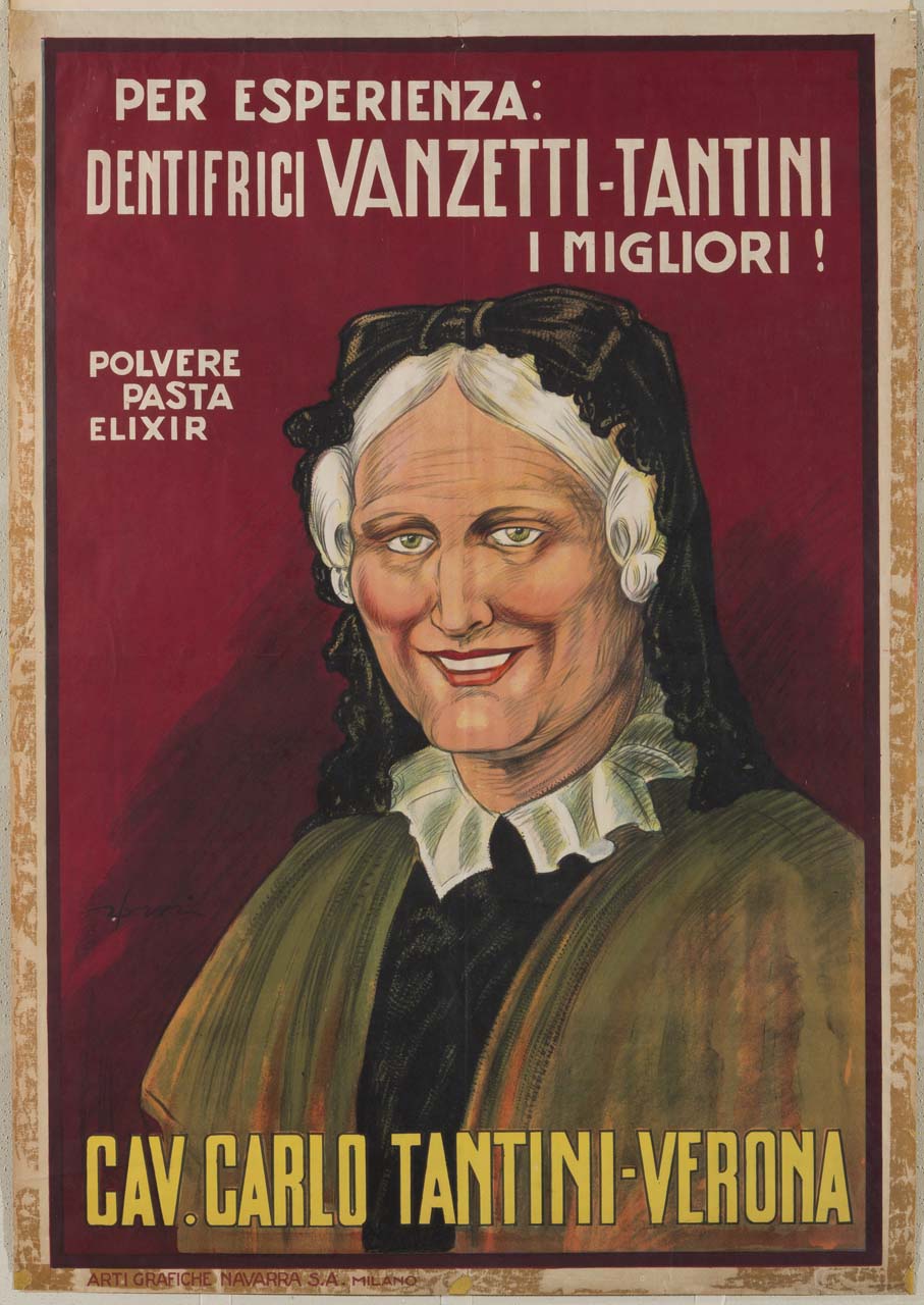 ritratto di donna anziana sorridente con cuffia nera (manifesto) di Orsi Italo (primo quarto sec. XX)